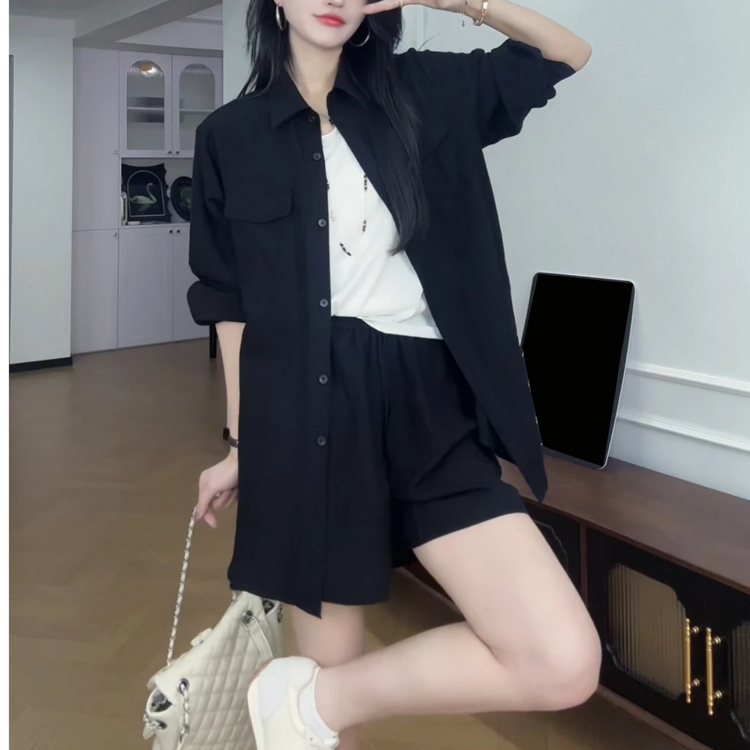 2025夏季新款天丝亚麻套装女宽松防晒长袖开衫短裤薄款两件套L686