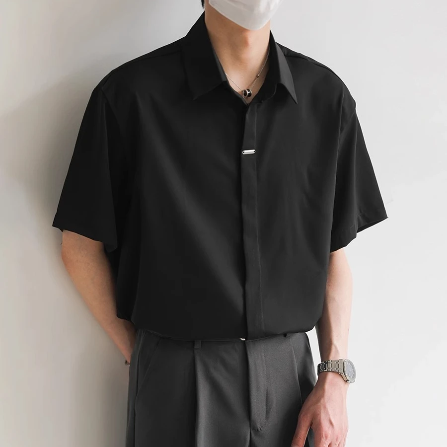 夏季新款上衣韩国高级垂感短袖衬衫男士潮流宽松半袖免烫纯色衬衣