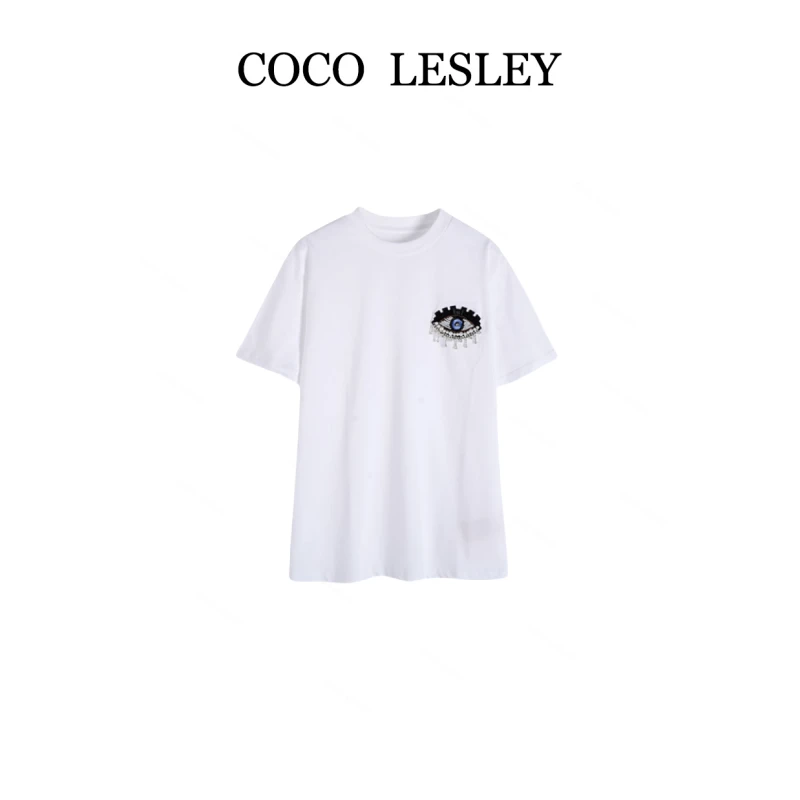 COCO LESLEY百搭时尚重工镶钻设计感魔都之眼圆领T恤3703