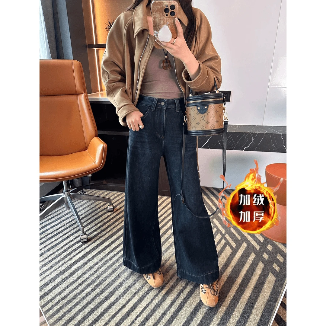 大码冬季款加绒高腰阔腿牛仔裤女梨形身材宽松款显瘦遮胯百搭长裤