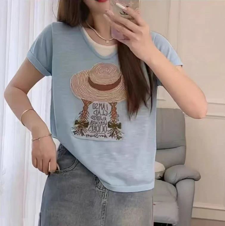 【度假风草帽女孩】新款夏装提花假两件宽松短袖针织衫夏季亚麻薄款