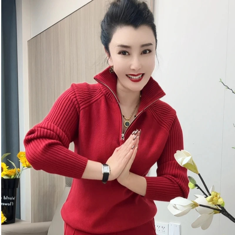 2025新款半拉链时尚休闲纯色女士针织衫秋冬季厚款打底衫红色毛衣