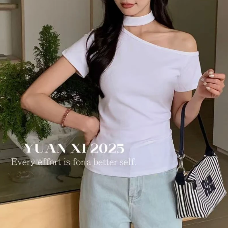 斜领短袖耐修身型INS风T恤小众纯色百搭设计感-848129