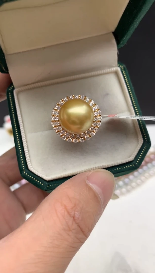 银S925镶嵌aa海水珍珠金珠戒指13~14mm