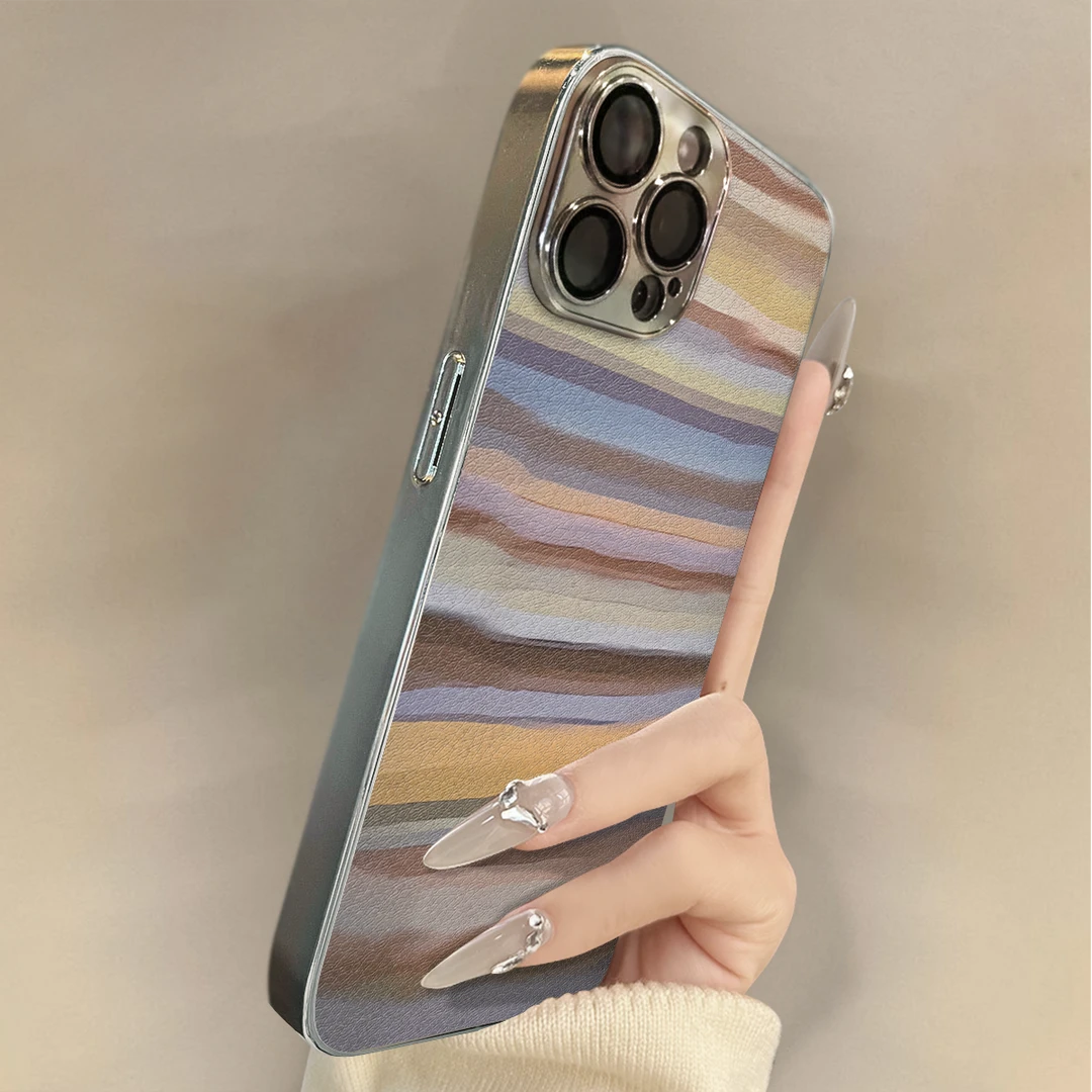 彩色条纹适用苹果手机壳新女款电镀超薄高级感全包防摔小众保护套