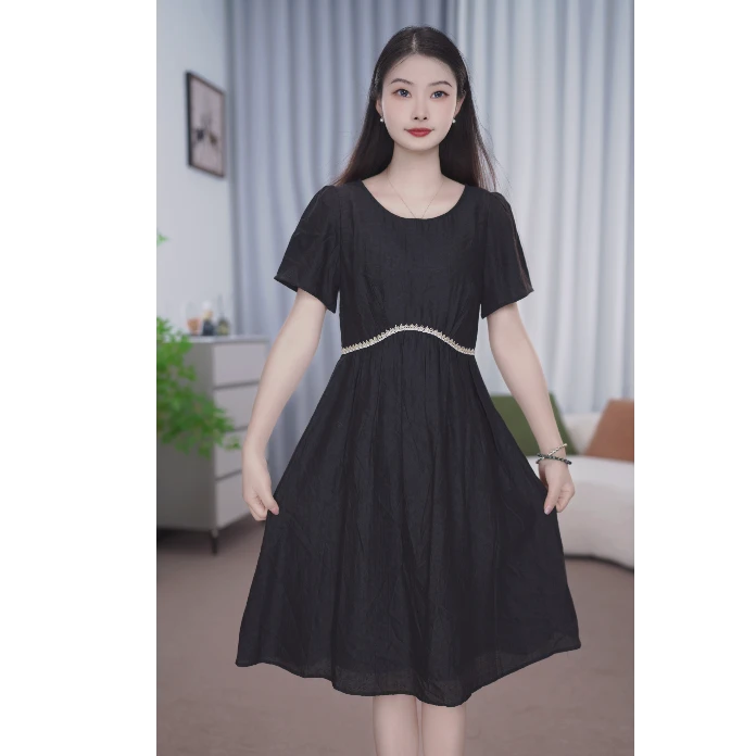 轻奢小众收腰中长款连衣裙夏季宽松中长裙显瘦气质时尚女裙#0543