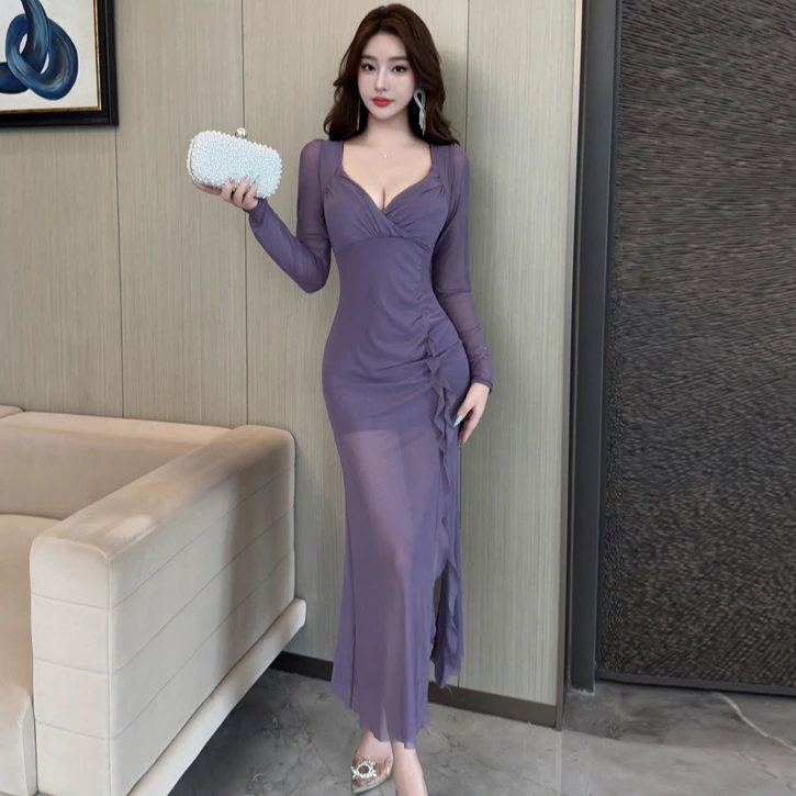 性感名媛低胸深V领长袖连衣裙拼网纱收腰修身设计感显瘦包臀长裙