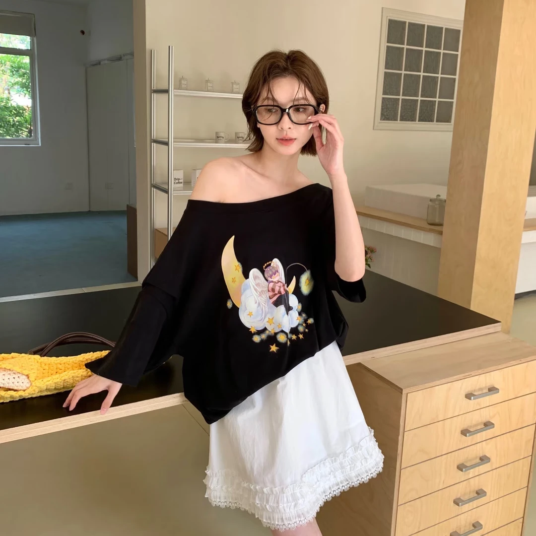 YANAG蕾丝花边白色logo标半裙