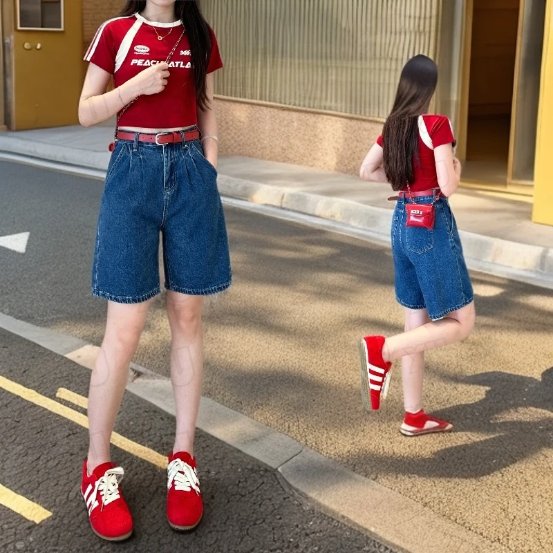 [送红色腰带]高腰五分牛仔短裤女2025夏季新款宽松显瘦中裤7533 W