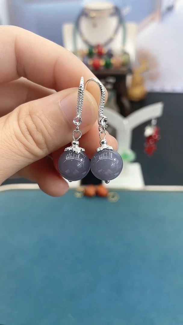 银S925镶嵌和田玉耳饰12mm烟紫单珠DD