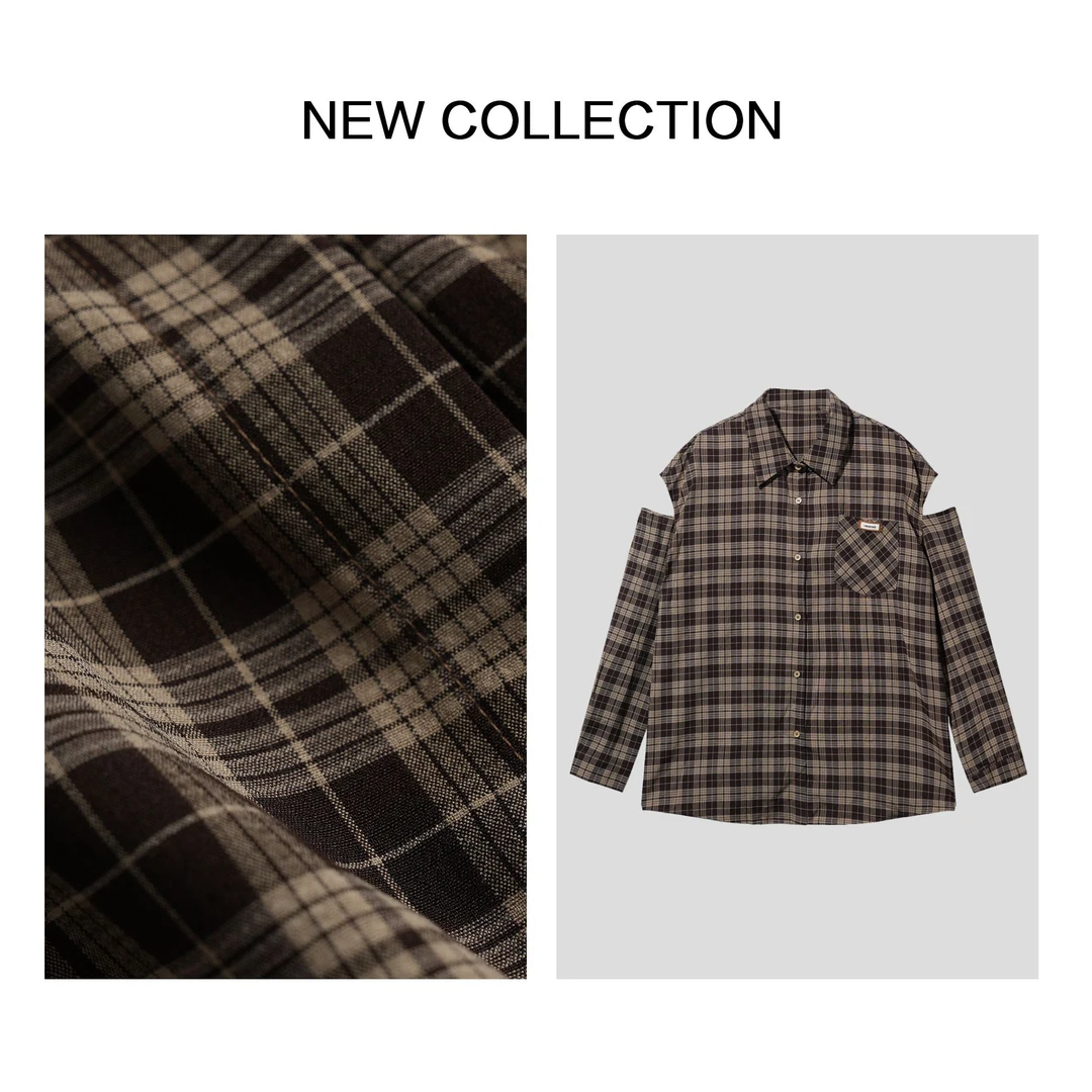 【小依专享】格子B袖时尚衬衣短款上衣女秋季百搭衬衫格纹长袖-3751