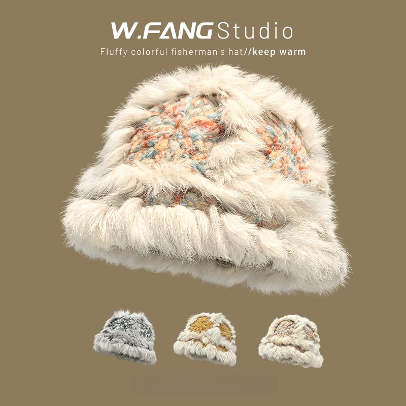 兔毛针织醒狮帽女冬季保暖毛绒绒显脸小渔夫帽加厚防寒大头围盆帽