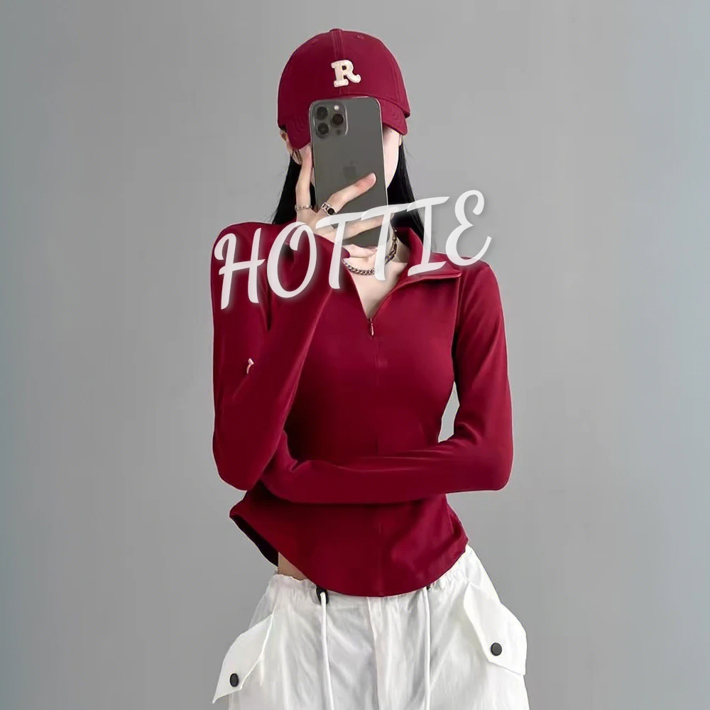 秋冬季过年新款女上衣拉链polo领设计感美式弹力卫衣正肩辣妹显瘦