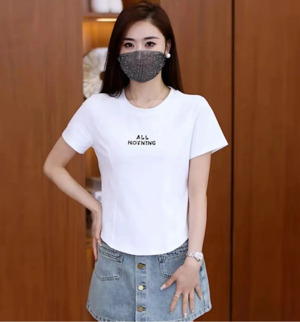 夏季新款时尚圆领短袖T恤女百搭设计感洋气显瘦上衣不规则修身