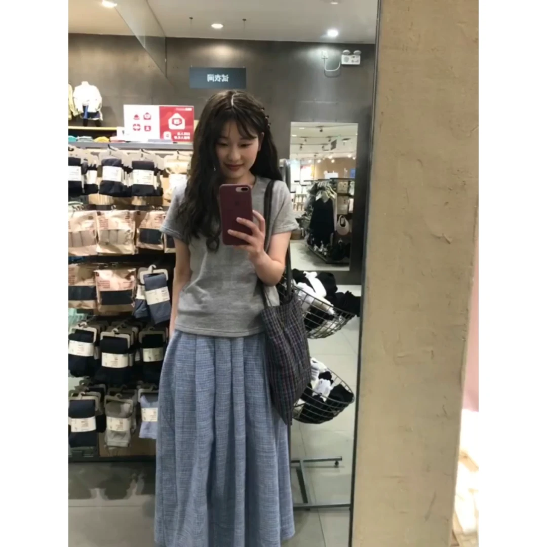 MARIE.COCO韩版简约显瘦短袖T恤百搭复古通勤格纹半身裙两件套装