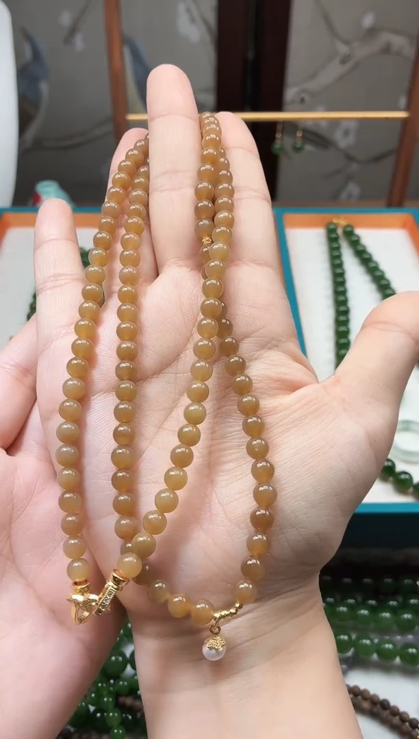 项链未镶嵌和田玉（糖玉）6mm糖料108长链