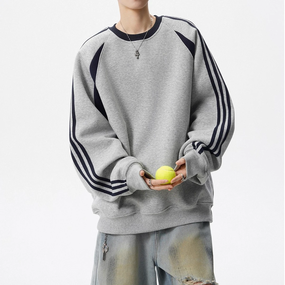 潮牌圆领撞色卫衣男秋季高街痞帅宽松休闲上衣美式情侣运动打底衫