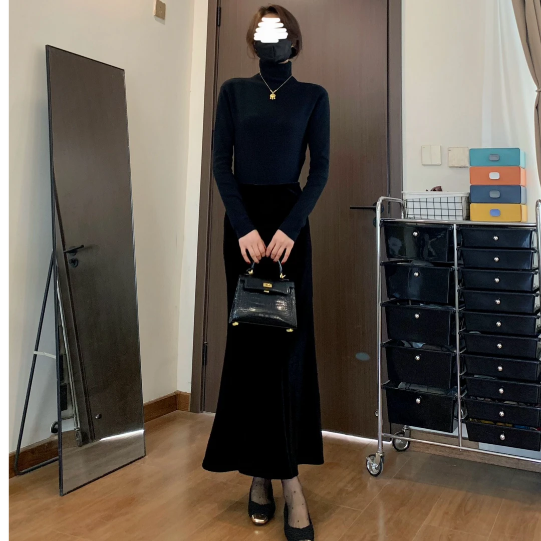 【赵瘦子】「丝绒鱼尾裙」黑色气质显瘦高级感包臀加绒半身裙