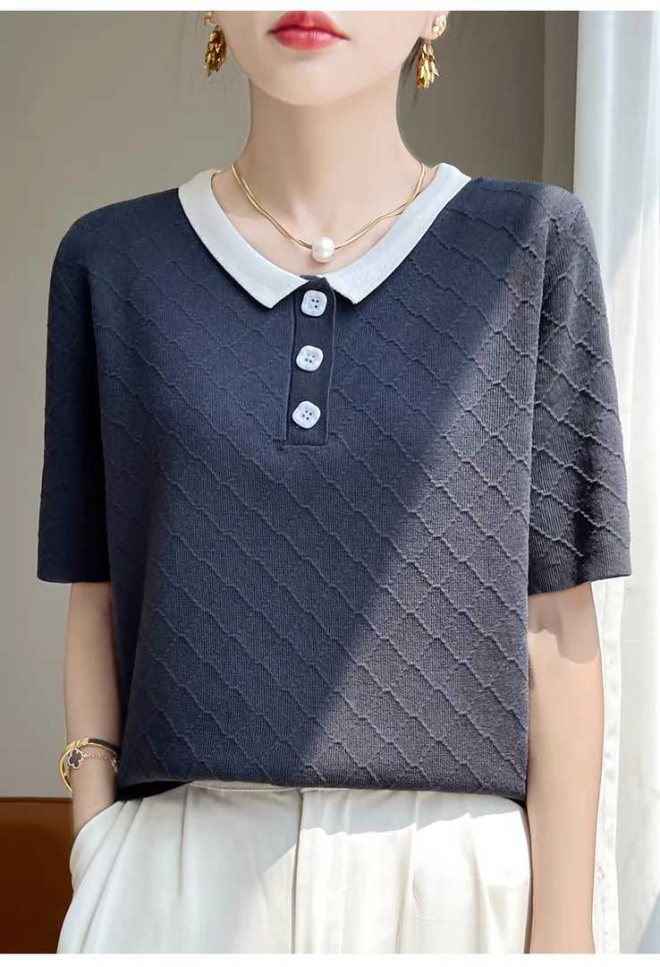 夏季拼色纽扣POLO领针织短袖冰丝女士针织衫
