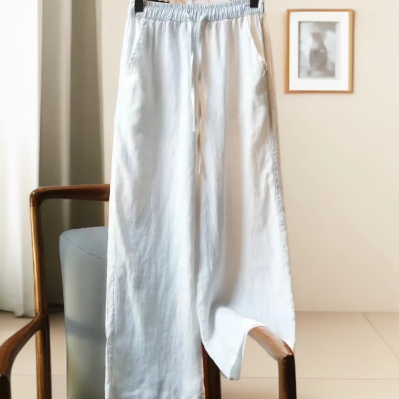 女士时尚9分裤百搭裤子女款气质亚麻裤夏款宽松直筒裤高克重