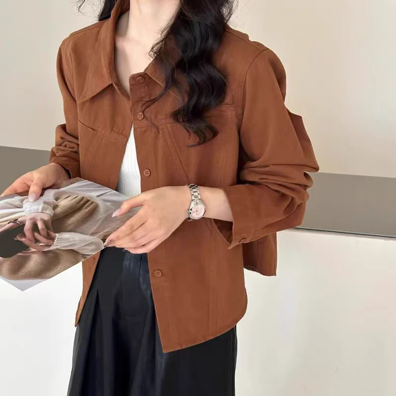 【静姐家】9535设计感简约翻领长袖衬衫短外套休闲女秋季显瘦外套