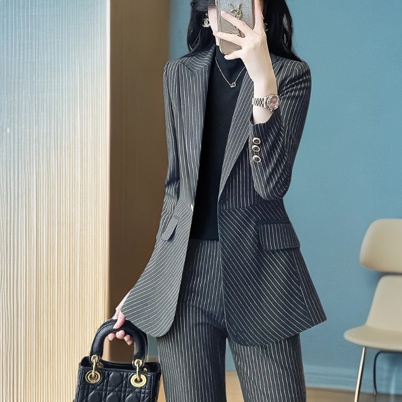 西装外套女灰色条纹收腰西服高级感ol女装轻职场高级感工作服洋气