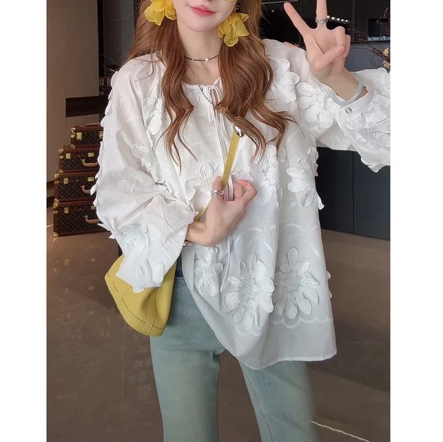 高级感超好看法式刺绣蕾丝花朵百搭白色衬衫娃娃衫宽松棉上衣9087