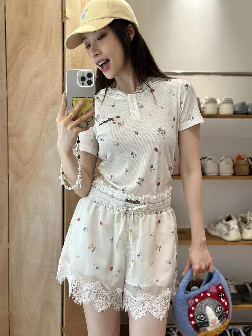 【琦gg】2025爆款蕾丝拼接双腰头短裤