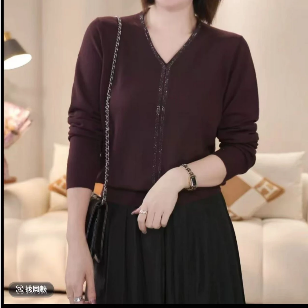 【烫钻新款】长袖烫钻衫女毛针织衫秋季针织上衣毛衣V领时尚