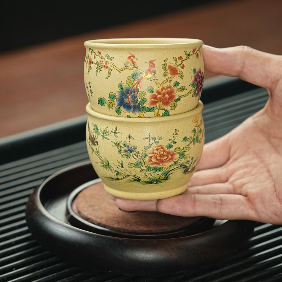 宜兴原矿本绿手工刻绘点彩喜上眉梢紫砂对杯 LW