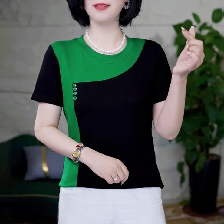 夏季新品撞色T恤圆领显瘦时尚休闲三纽扣短袖妈妈装上衣