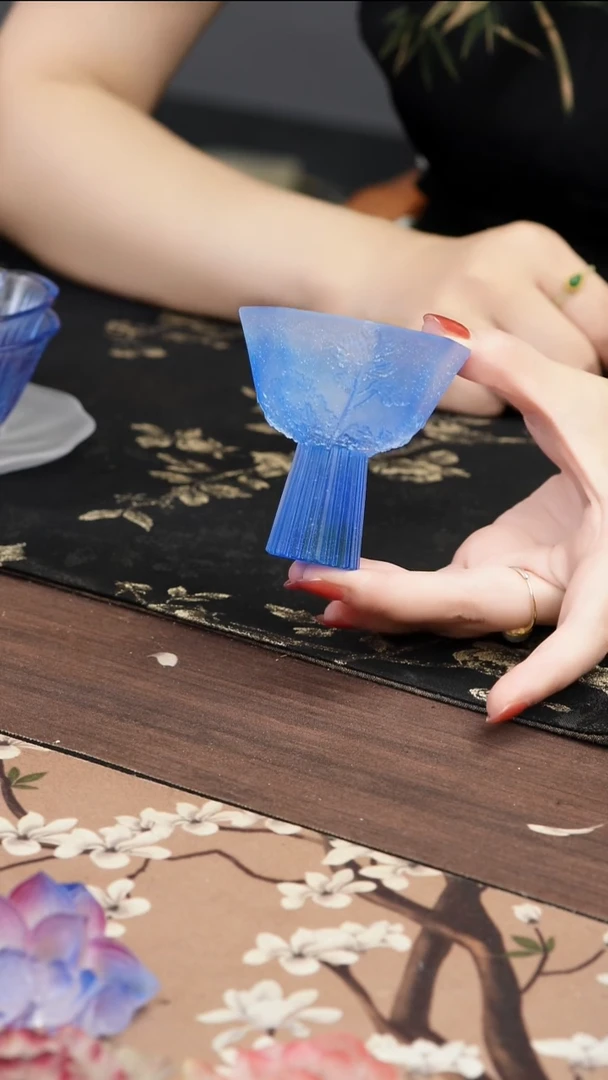 琉璃手工艺品蓝色菊花高足茶盏