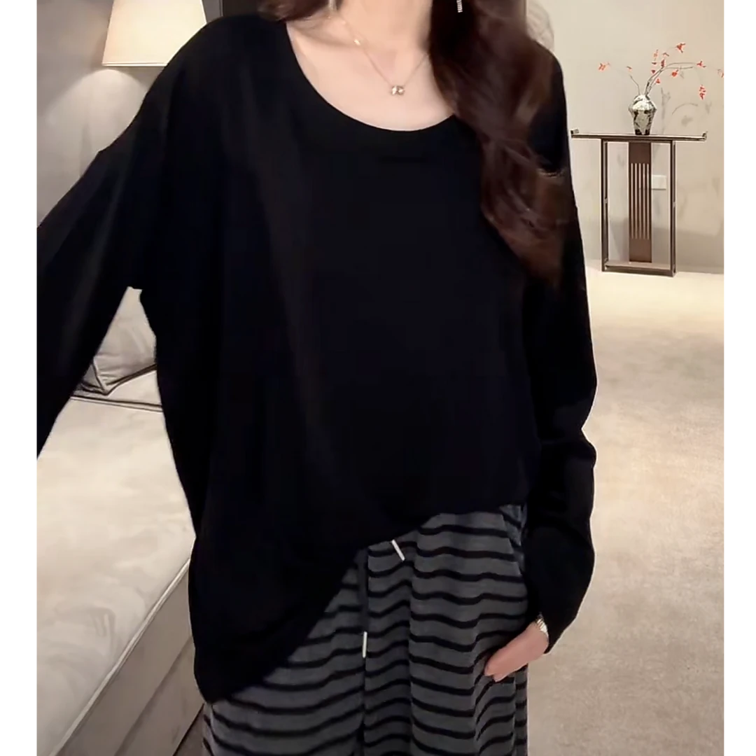 U领纯色慵懒简约大领口宽松oversize高级2025春夏款长袖打底T恤女