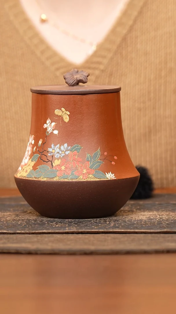 紫砂茶叶罐花朵钮朱泥泥绘花茶叶罐