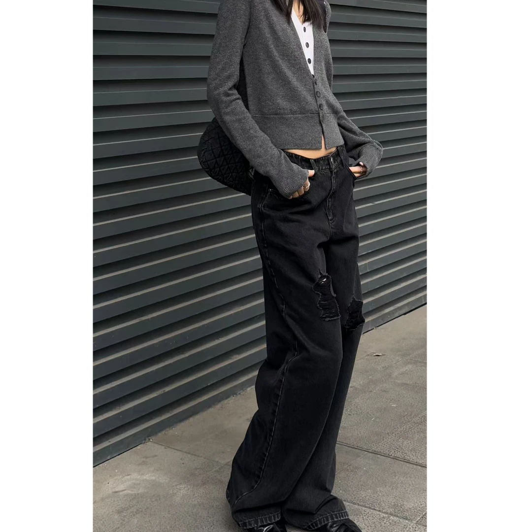 AMASS/阿玛施【高街穿搭】新款时尚休闲百搭高腰水洗破洞宽腿牛仔