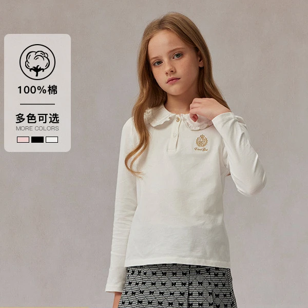 【100%棉】E·LAND KIDS女童T恤25年新款早上衣花边领EKLWF1121E