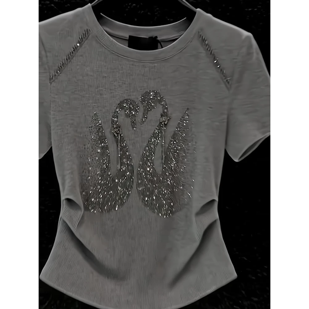 夏季2025新款重工天鹅烫钻灰色短袖T恤女装短款收腰爆款公主风款