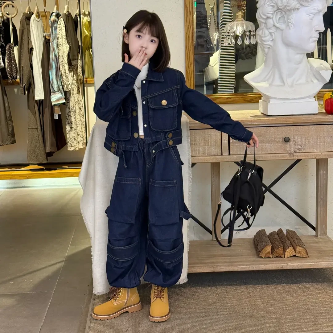 2025春秋女童设计款工装牛仔套装气质新款休闲宽松两件束脚哈伦裤