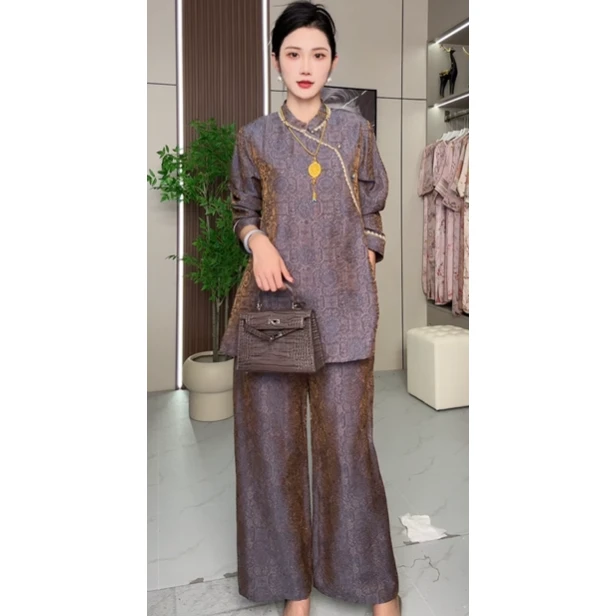 0161-常熟新中式秋季新款女装气质百搭显瘦老料3色浮光锦套装