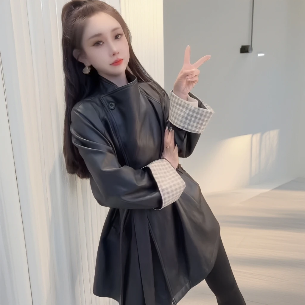 2025秋季新款时尚洋气翻领长袖中长款外套女宽松系带显瘦百搭上衣