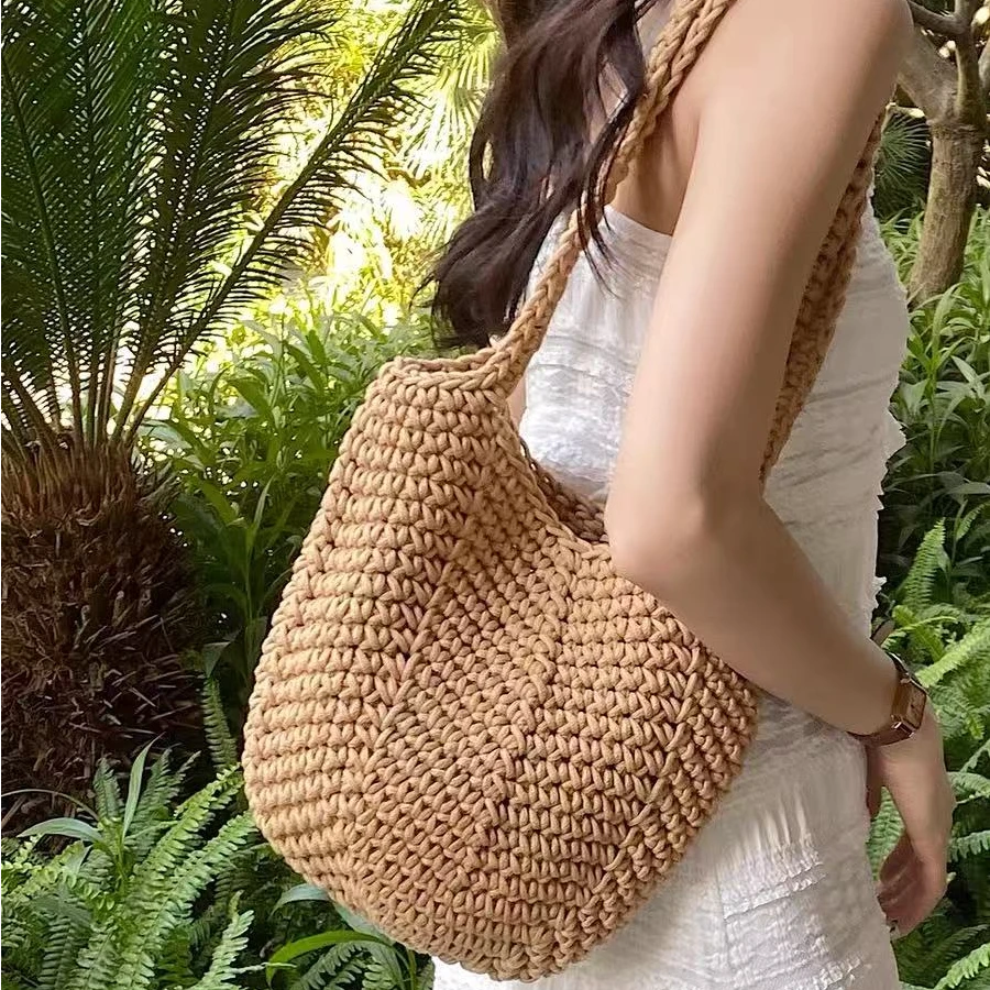 韩国复古ins单肩棉线编织包新款钩针编织手提包草编包度假沙滩包