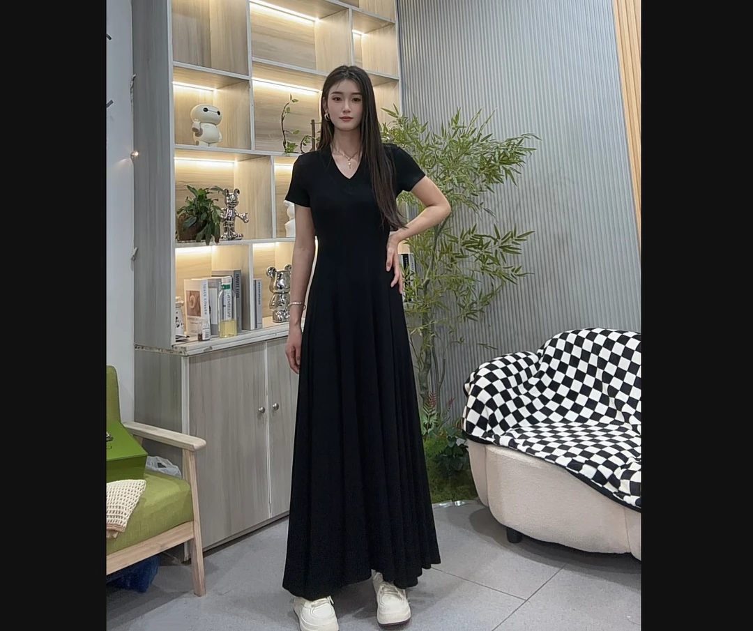 大妍定制~【日落晚霞】法式掐腰V领短袖连衣裙蚂蚁腰修身显瘦长裙