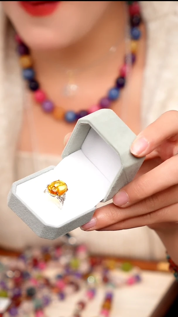 水晶摆件未镶嵌天然 金 珀 戒指01