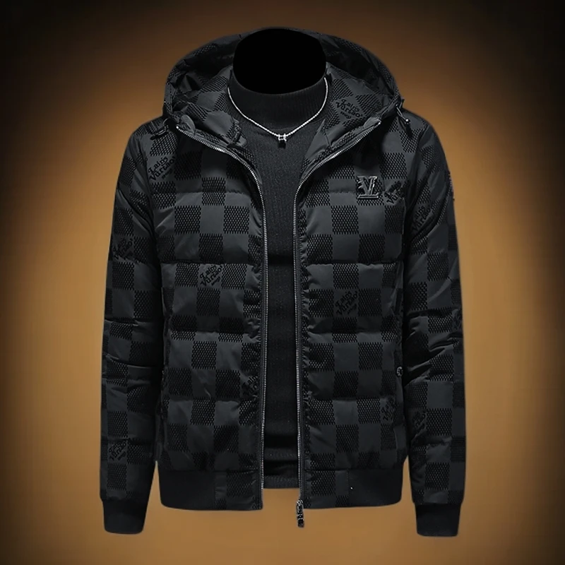 维斯克纳重工植绒印花连帽羽绒服男潮牌休闲冬季新款男厚羽绒外套