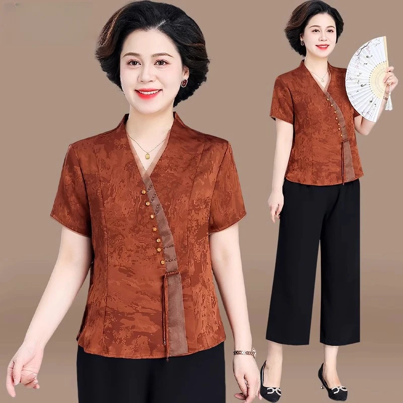 妈妈装夏装气质洋气宽松时尚显瘦两件套中年大码短款中老年女装