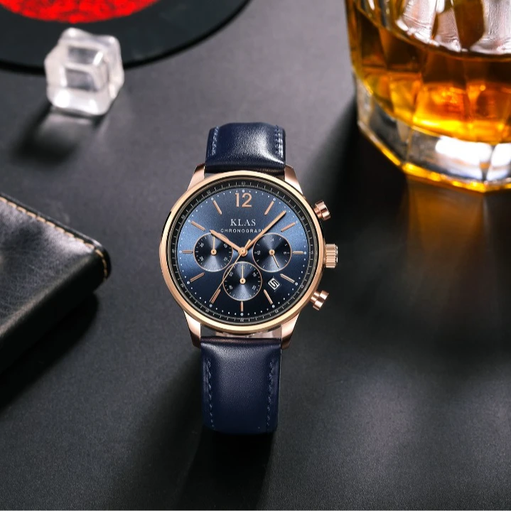 商务休闲石英表不锈钢日历手表男款显示复古简约潮流蓝色经典真皮