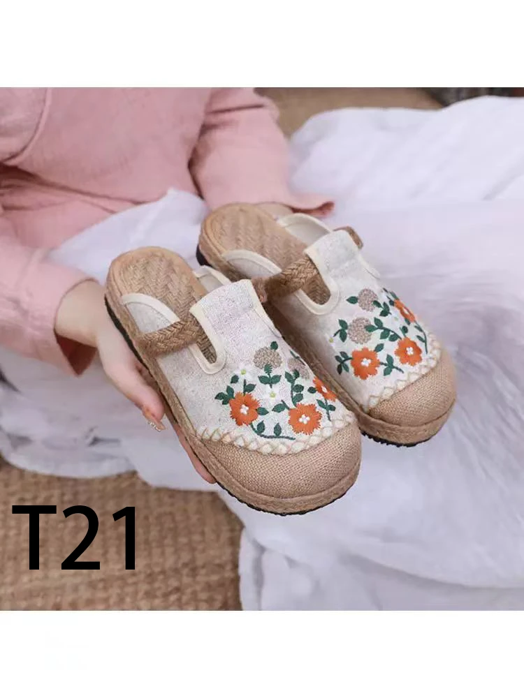 民族风老北京布鞋透气平底绣花鞋古风汉服鞋子亚麻渔夫大头女拖鞋