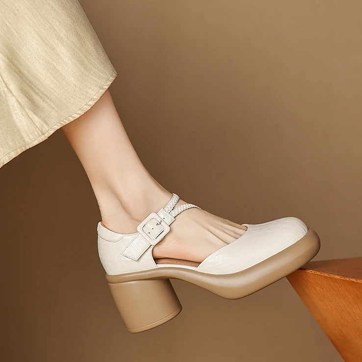 条纹羊皮/7m粗跟防水台厚底包头中空女鞋圆头一字扣女鞋百搭凉鞋