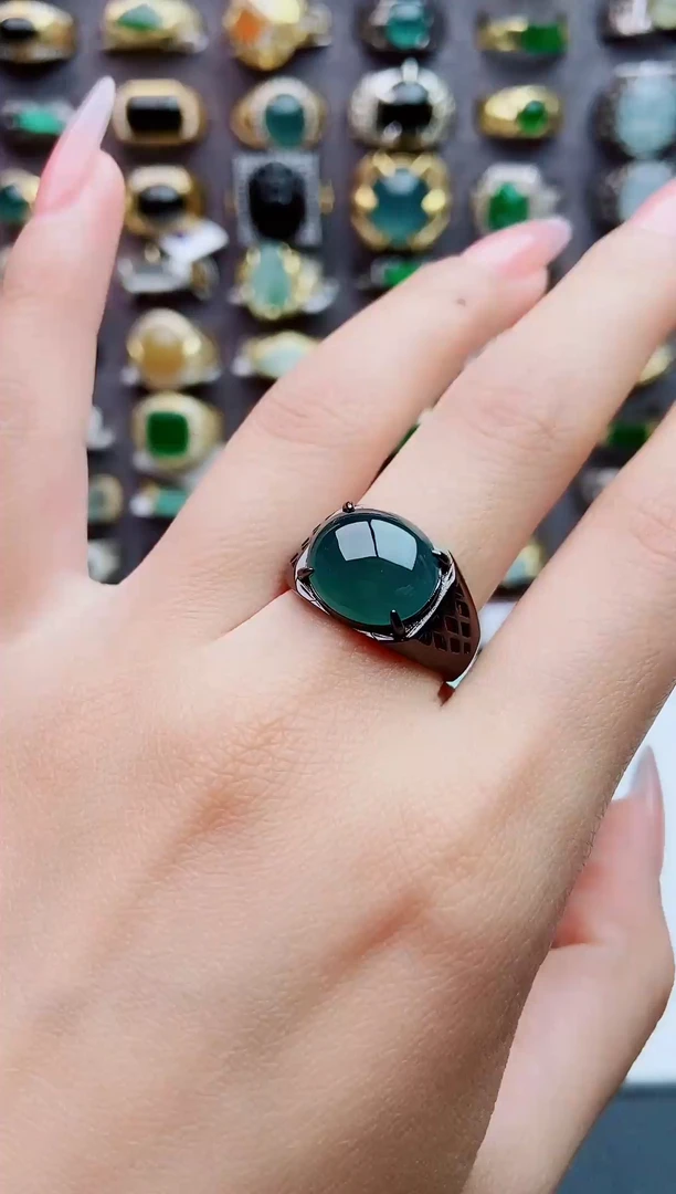 银S925镶嵌戒指翡翠天然翡翠男戒