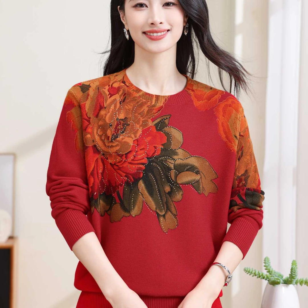 中老年女装打底衫常规款绣花针织小衫长袖圆领3562